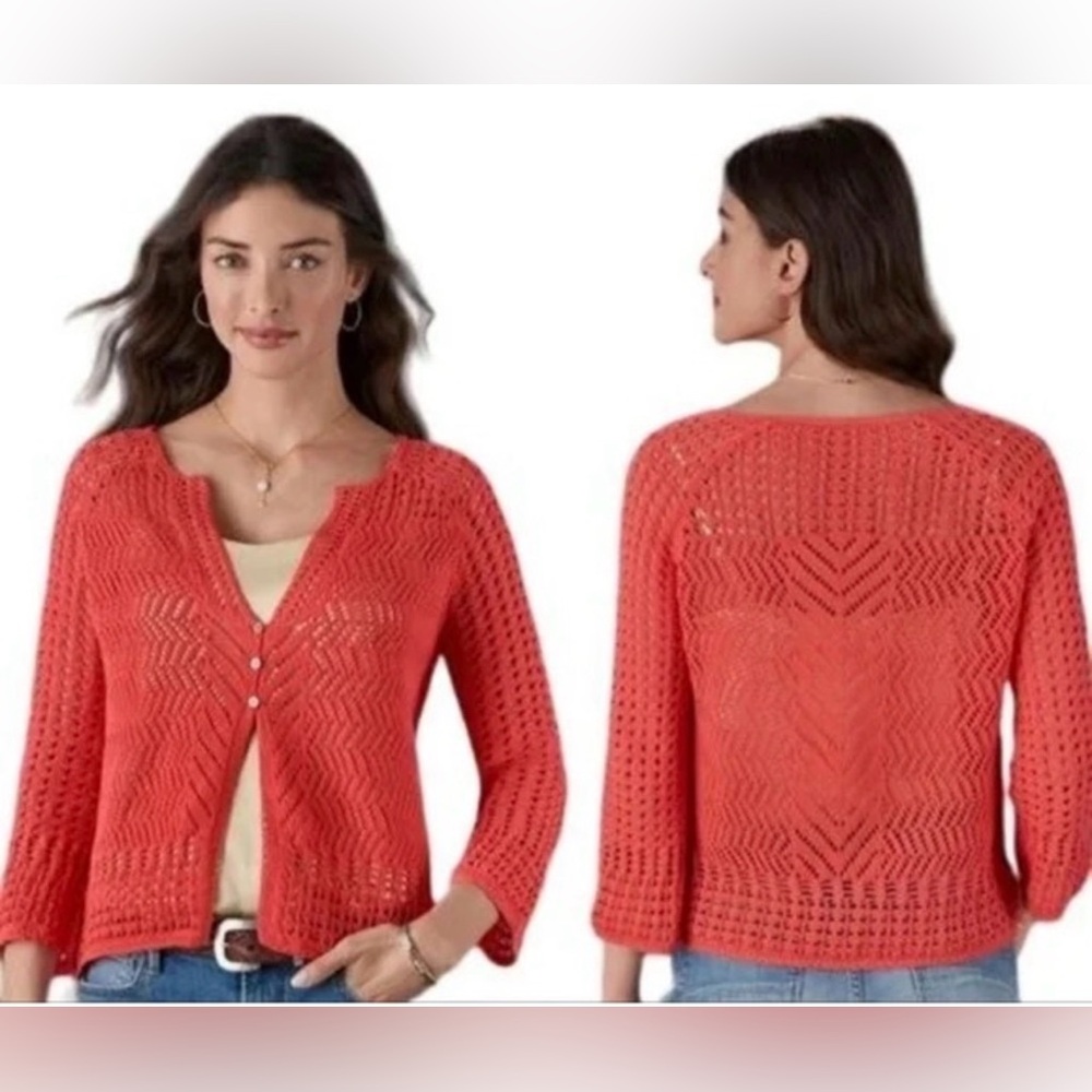 Sundance Rhodes Coral Crochet Open Knit Cardigan Sweater Size Medium Coastal - Picture 1 of 4